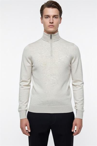 Bej Regular Fit Pamuklu Fermuarlı Yarım Balıkçı Yaka Erkek Triko Kazak