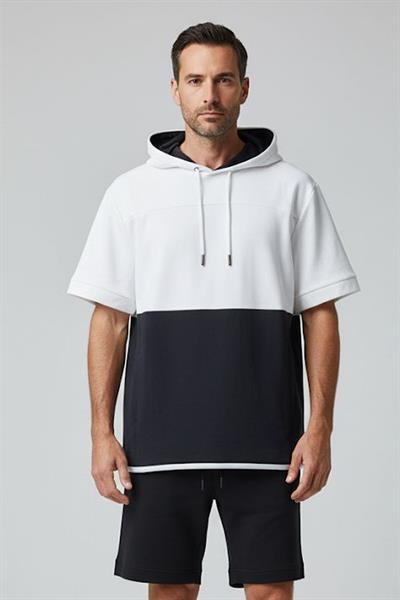 Giotelli Erkek Siyah-Beyaz Geniş Kesim Oversize Fit Pamuklu Lastikli Bel Bermuda Şortlu Alt Üst Takım
