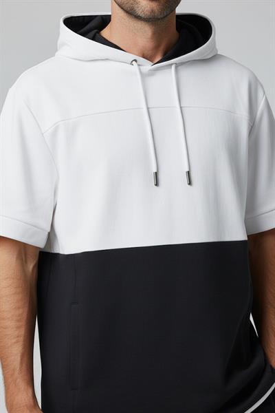 Giotelli Erkek Siyah-Beyaz Geniş Kesim Oversize Fit Pamuklu Lastikli Bel Bermuda Şortlu Alt Üst Takım