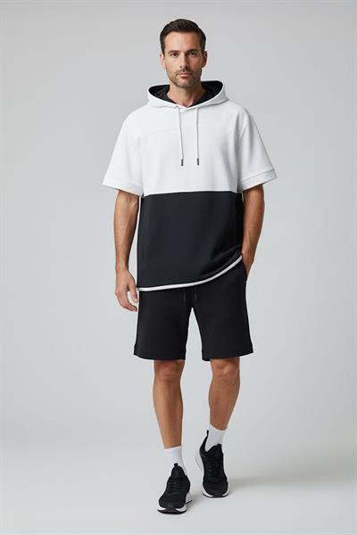 Giotelli Erkek Siyah-Beyaz Geniş Kesim Oversize Fit Pamuklu Lastikli Bel Bermuda Şortlu Alt Üst Takım