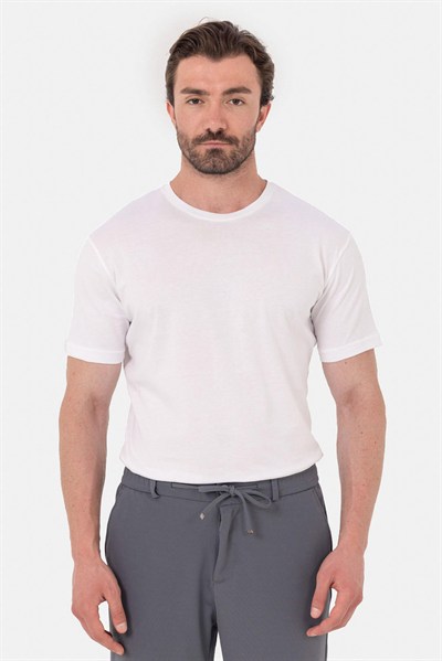 Beyaz %100 Pamuk Bisiklet Yaka Düz Renk Basic T-Shirt