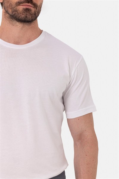 Beyaz %100 Pamuk Bisiklet Yaka Düz Renk Basic T-Shirt