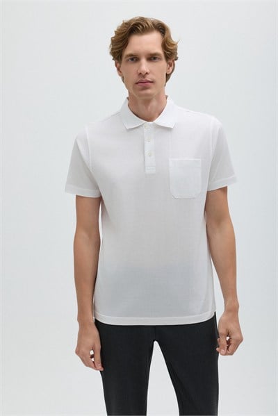 Beyaz %100 Pamuk Cepli Polo Yaka T-shirt