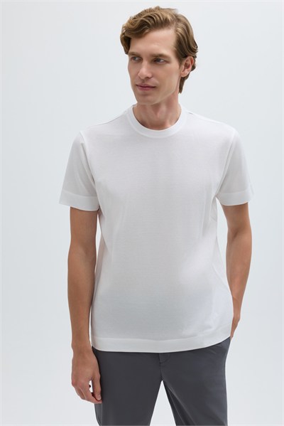 Beyaz %100 Pamuk Regular Fit Dokuma Bisiklet Yaka Basic T-Shirt