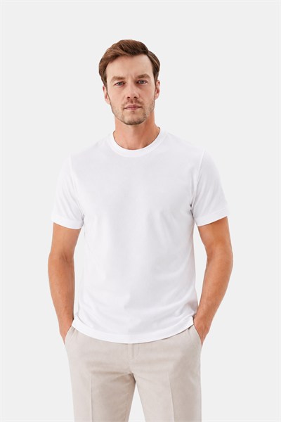 Beyaz %100 Pamuk Regular Fit Dokuma Bisiklet Yaka Basic T-Shirt