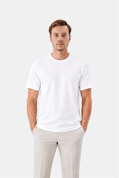 Beyaz %100 Pamuk Regular Fit Bisiklet Yaka Basic T-shirt