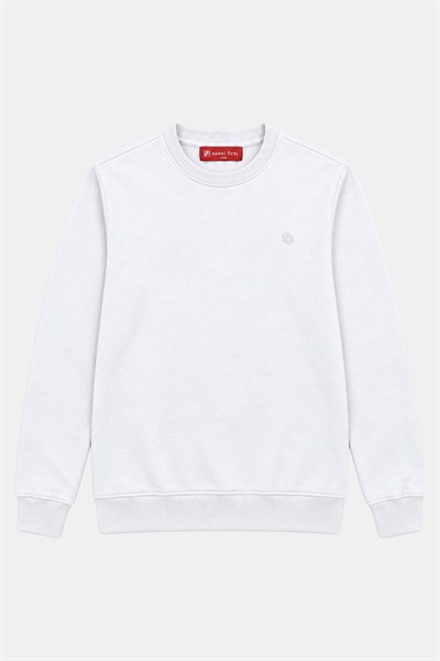 Beyaz Bisiklet Yaka Basic Erkek Oversize Sweatshirt 