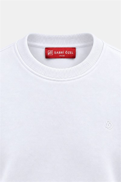 Beyaz Bisiklet Yaka Basic Erkek Oversize Sweatshirt 