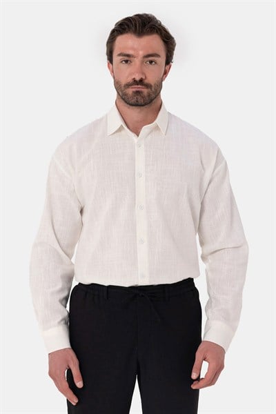 Beyaz %100 Pamuk Regular Fit Keten Görünümlü Uzun Kollu Gömlek