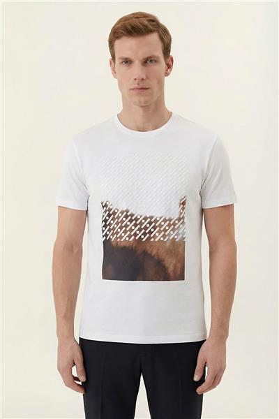 Giotelli Beyaz Slim Fit %100 Pamuk Baskılı Bisiklet Yaka Erkek Tişört