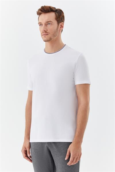 Ekru Bisiklet Yaka Dokulu Örme Erkek T-Shirt