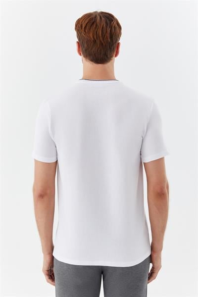 Ekru Bisiklet Yaka Dokulu Örme Erkek T-Shirt