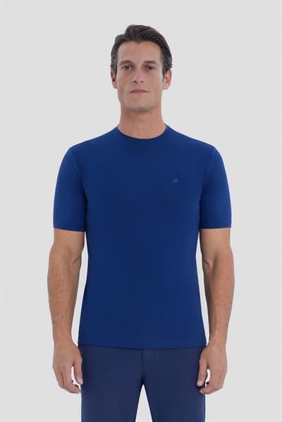 Erkek İndigo Normal Kesim Regular Fit Örme Bisiklet Yaka Tişört