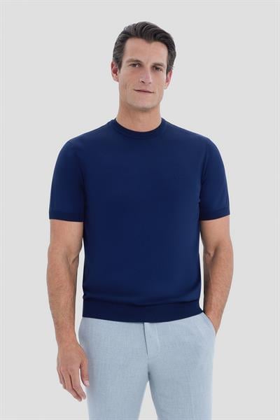 Erkek Lacivert Dar Kesim Slim Fit Viskon Triko Bisiklet Yaka Tişört