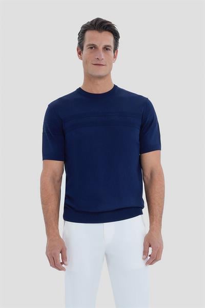 Lacivert Slim Fit Jakarlı Triko Bisiklet Yaka Tişört