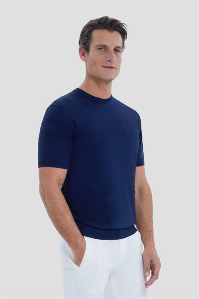 Lacivert Slim Fit Jakarlı Triko Bisiklet Yaka Tişört