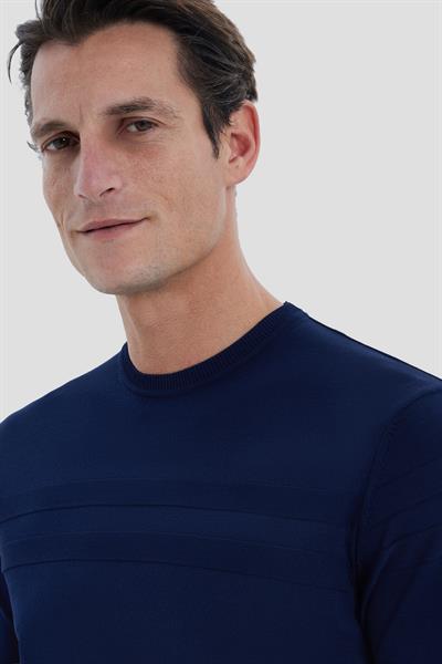 Lacivert Slim Fit Jakarlı Triko Bisiklet Yaka Tişört