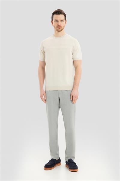 Bej Slim Fit Triko Bisiklet Yaka Jakarlı Tişört