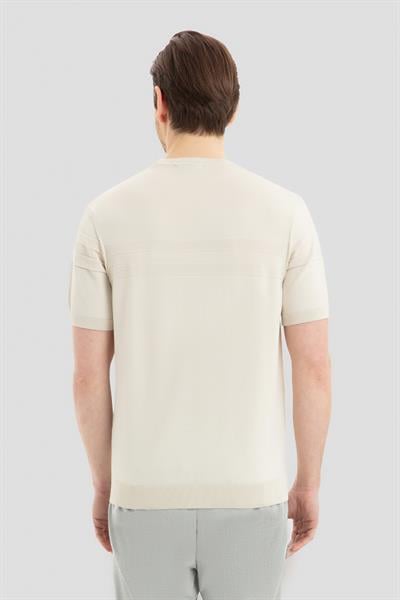 Bej Slim Fit Triko Bisiklet Yaka Jakarlı Tişört