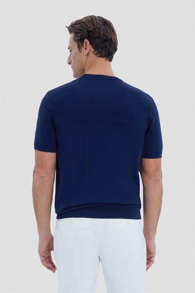 Lacivert Slim Fit Jakarlı Triko Bisiklet Yaka Tişört