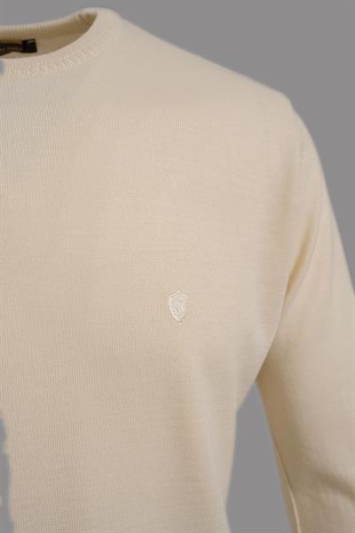 Erkek Ekru Normal Kesim Regular Fit Yünlü Bisiklet Yaka Kazak