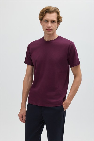 Bordo %100 Pamuk Bisiklet Yaka Düz Renk Basic T-Shirt