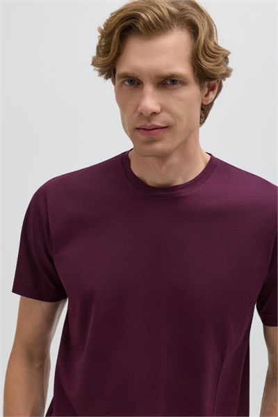 Bordo %100 Pamuk Bisiklet Yaka Düz Renk Basic T-Shirt