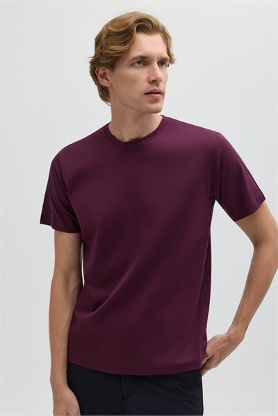 Bordo %100 Pamuk Bisiklet Yaka Düz Renk Basic T-Shirt
