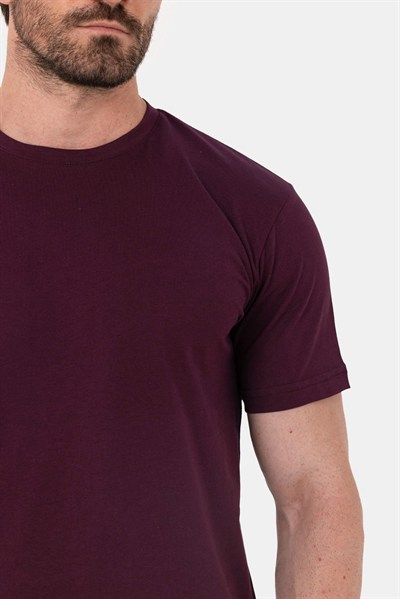 Bordo %100 Pamuk Bisiklet Yaka Düz Renk Basic T-Shirt
