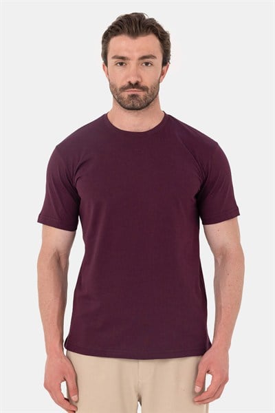 Bordo %100 Pamuk Bisiklet Yaka Düz Renk Basic T-Shirt