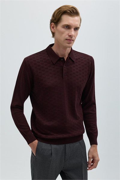Bordo Düğmeli Polo Yaka Triko