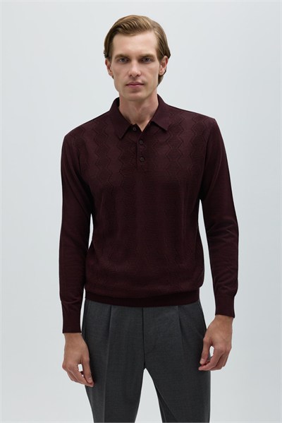 Bordo Düğmeli Polo Yaka Triko