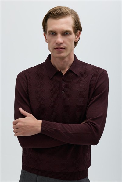 Bordo Düğmeli Polo Yaka Triko