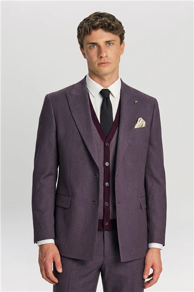 Giotelli Erkek Bordo Dar Kesim Slim Fit Viskon Sivri Yaka Düğmeli Fleto Kapaklı Cep Çift Yırtmaçlı Tam Astarlı 6 Drop Triko Yelekli Takım Elbise