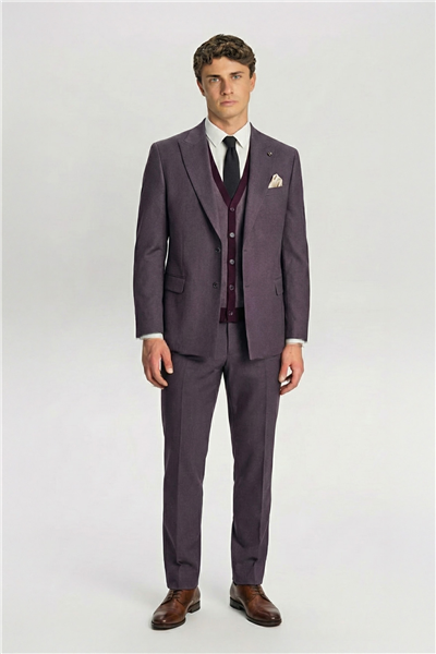 Giotelli Erkek Bordo Dar Kesim Slim Fit Viskon Sivri Yaka Düğmeli Fleto Kapaklı Cep Çift Yırtmaçlı Tam Astarlı 6 Drop Triko Yelekli Takım Elbise
