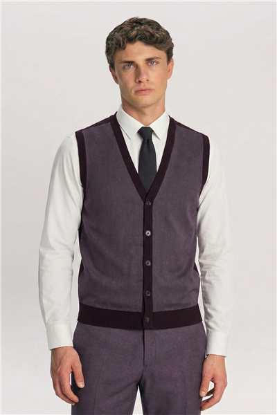 Giotelli Erkek Bordo Dar Kesim Slim Fit Viskon Sivri Yaka Düğmeli Fleto Kapaklı Cep Çift Yırtmaçlı Tam Astarlı 6 Drop Triko Yelekli Takım Elbise