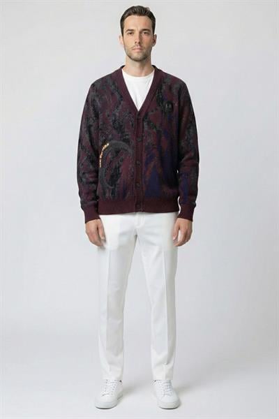 Giotelli Erkek Bordo Normal Kesim Regular Fit Yünlü Örme Desenli Düğmeli V Yaka Hırka