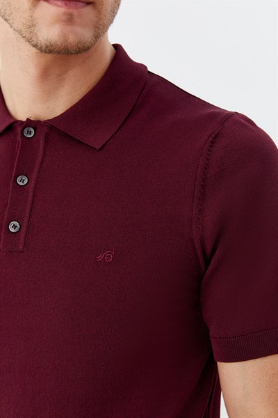 Bordo Regular Fit Göğüs Nakış Detaylı Polo Yaka Triko T-shirt