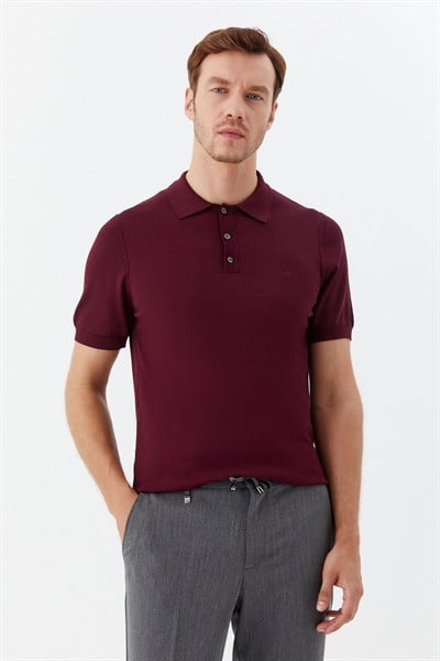 Bordo Regular Fit Göğüs Nakış Detaylı Polo Yaka Triko T-shirt
