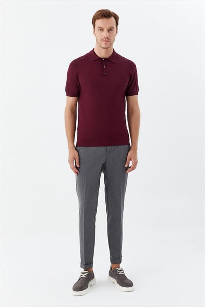 Bordo Regular Fit Göğüs Nakış Detaylı Polo Yaka Triko T-shirt