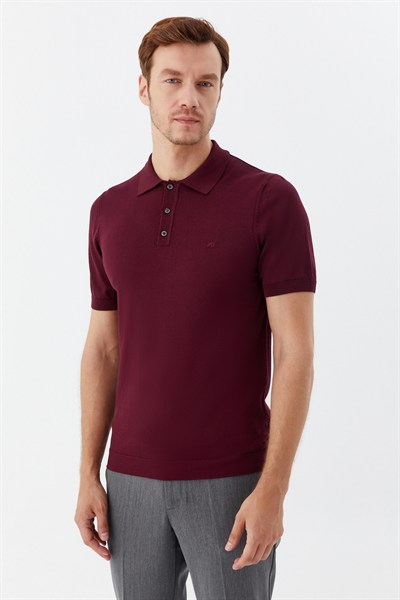 Bordo Regular Fit Göğüs Nakış Detaylı Polo Yaka Triko T-shirt