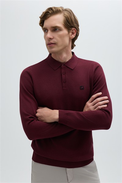 Bordo Regular Fit Pamuklu Polo Yaka Triko Kazak