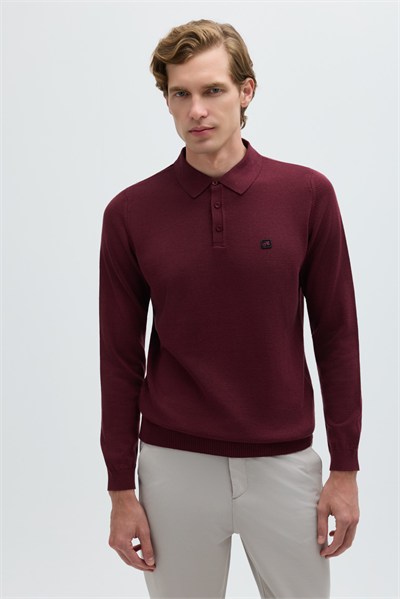 Bordo Regular Fit Pamuklu Polo Yaka Triko Kazak