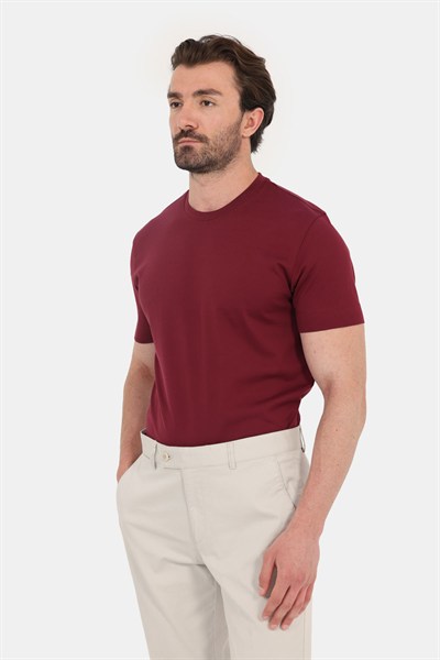 Bordo %100 Pamuk Regular Fit Bisiklet Yaka Basic T-shirt