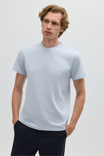 Buz Mavi %100 Pamuk Bisiklet Yaka Düz Renk Basic T-Shirt
