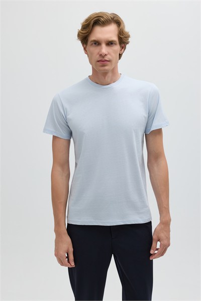 Buz Mavi %100 Pamuk Bisiklet Yaka Düz Renk Basic T-Shirt