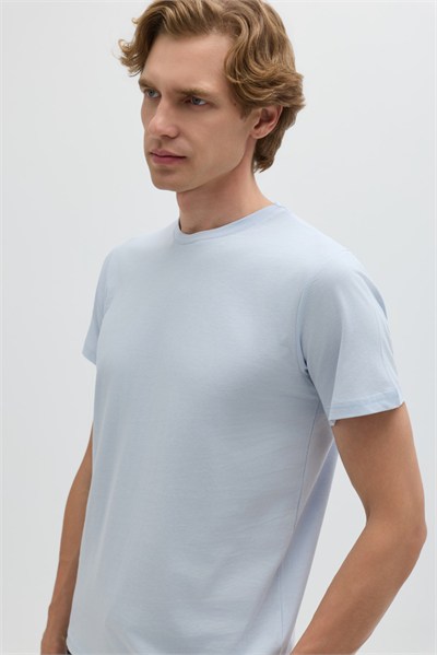 Buz Mavi %100 Pamuk Bisiklet Yaka Düz Renk Basic T-Shirt