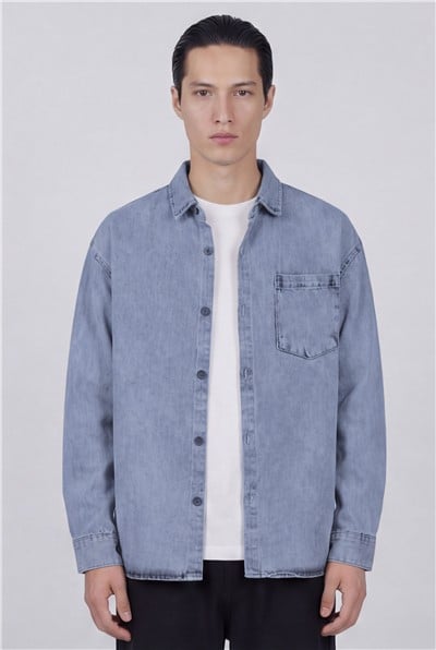 Erkek Buz Mavisi Normal Kesim Regular Fit Pamuk Torba Cep Uzun Kollu Denim Ceket Gömlek