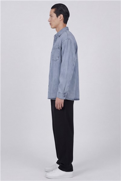 Erkek Buz Mavisi Normal Kesim Regular Fit Pamuk Torba Cep Uzun Kollu Denim Ceket Gömlek