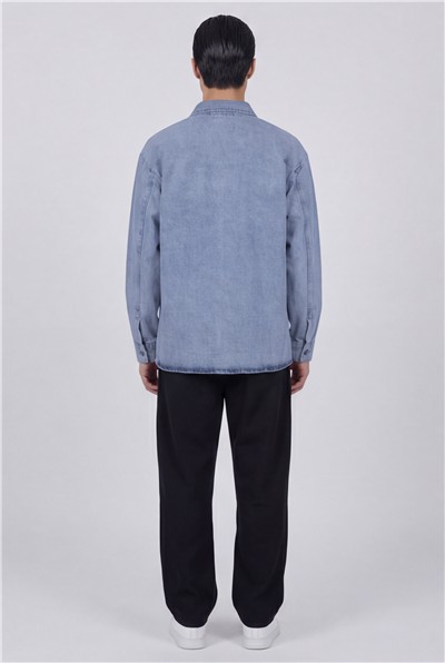 Erkek Buz Mavisi Normal Kesim Regular Fit Pamuk Torba Cep Uzun Kollu Denim Ceket Gömlek